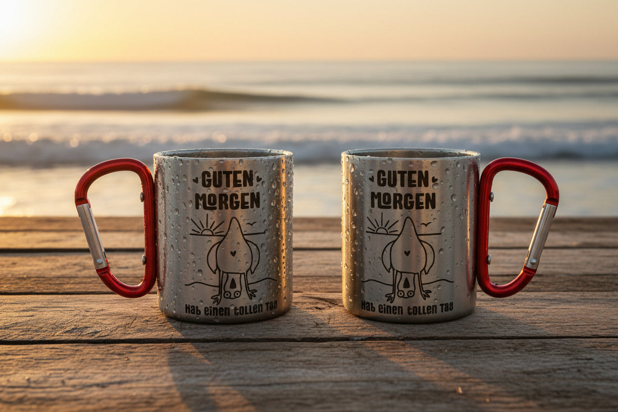 Guten Morgen Edelstahlbecher 220ml mit Karabinergriff – Outdoor Camping Kaffeebecher