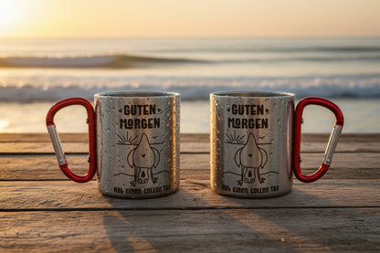 Guten Morgen Edelstahlbecher 220ml mit Karabinergriff – Outdoor Camping Kaffeebecher