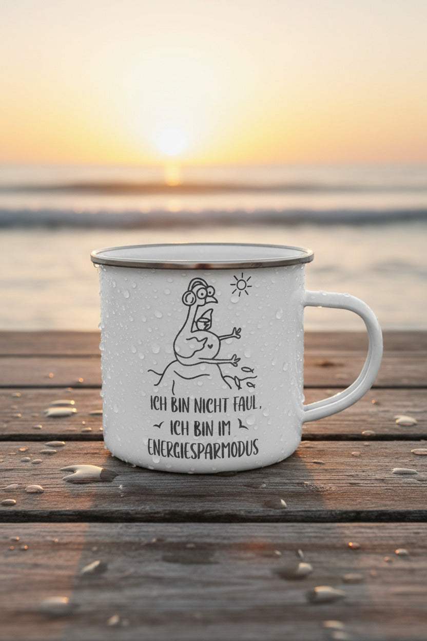 Camping Becher | Emaille Becher 380 ml  | Lustige Bürotasse | Kaffeebecher Büro | Geschenk für Kollegen | Humor Tasse