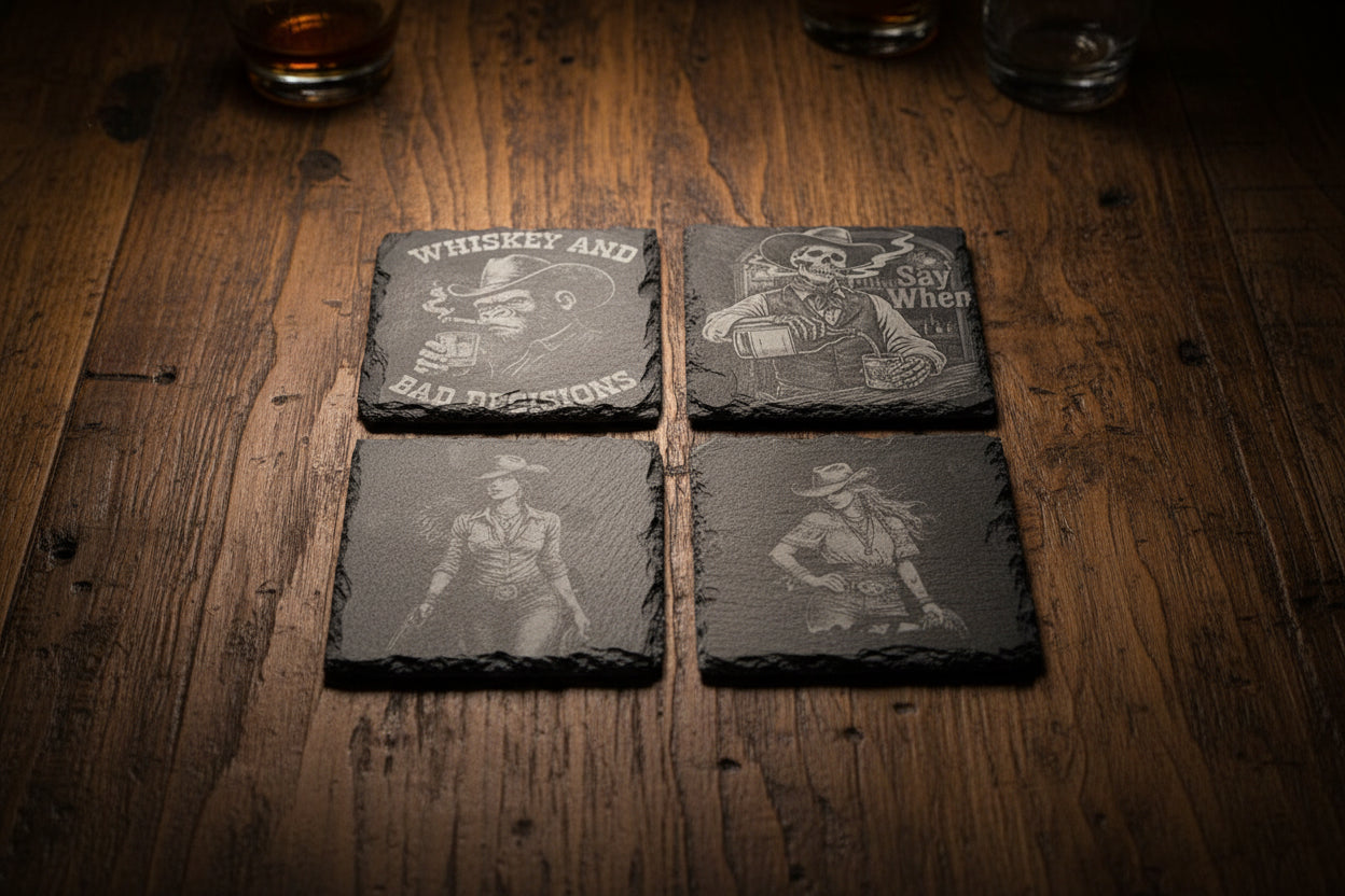 Schiefer Untersetzer Set – Whiskey & Western Design