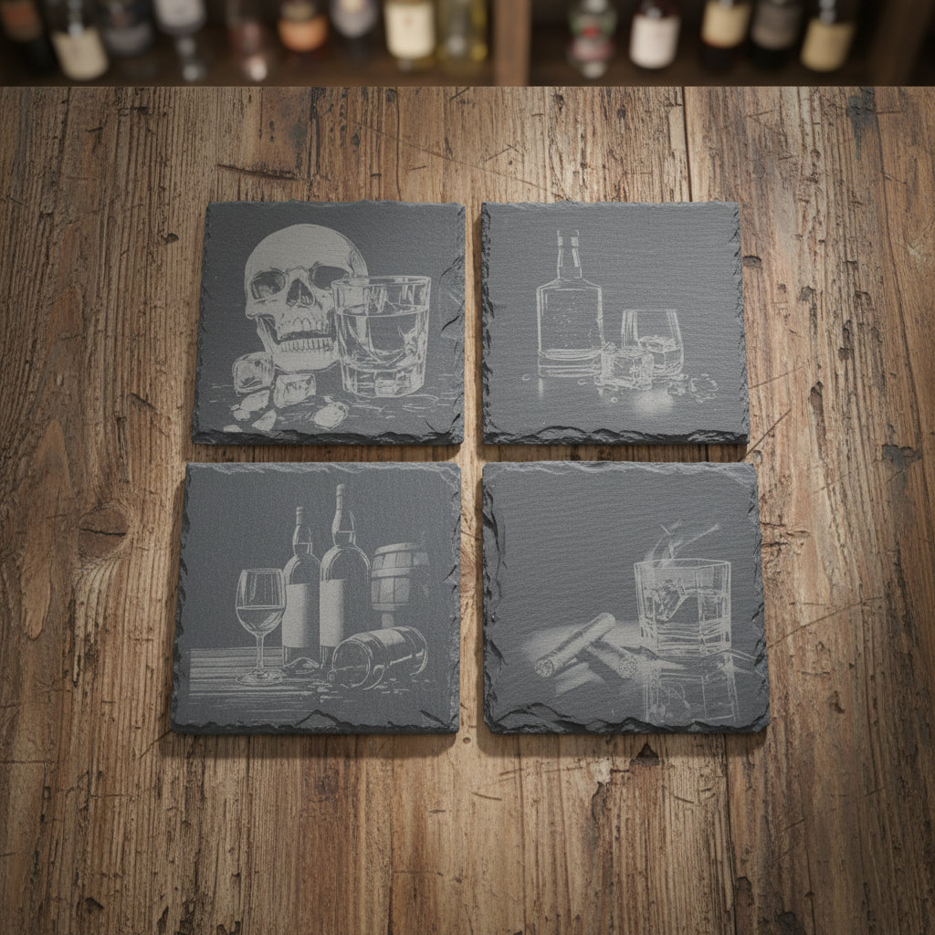 Schiefer Whisky Untersetzer Set (4er) – Lasergraviert & Handgefertigt