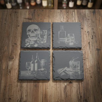 Schiefer Whisky Untersetzer Set (4er) – Lasergraviert & Handgefertigt