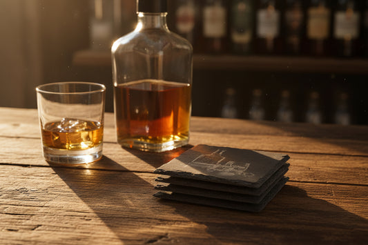 Schiefer Whisky Untersetzer Set (4er) – Lasergraviert & Handgefertigt