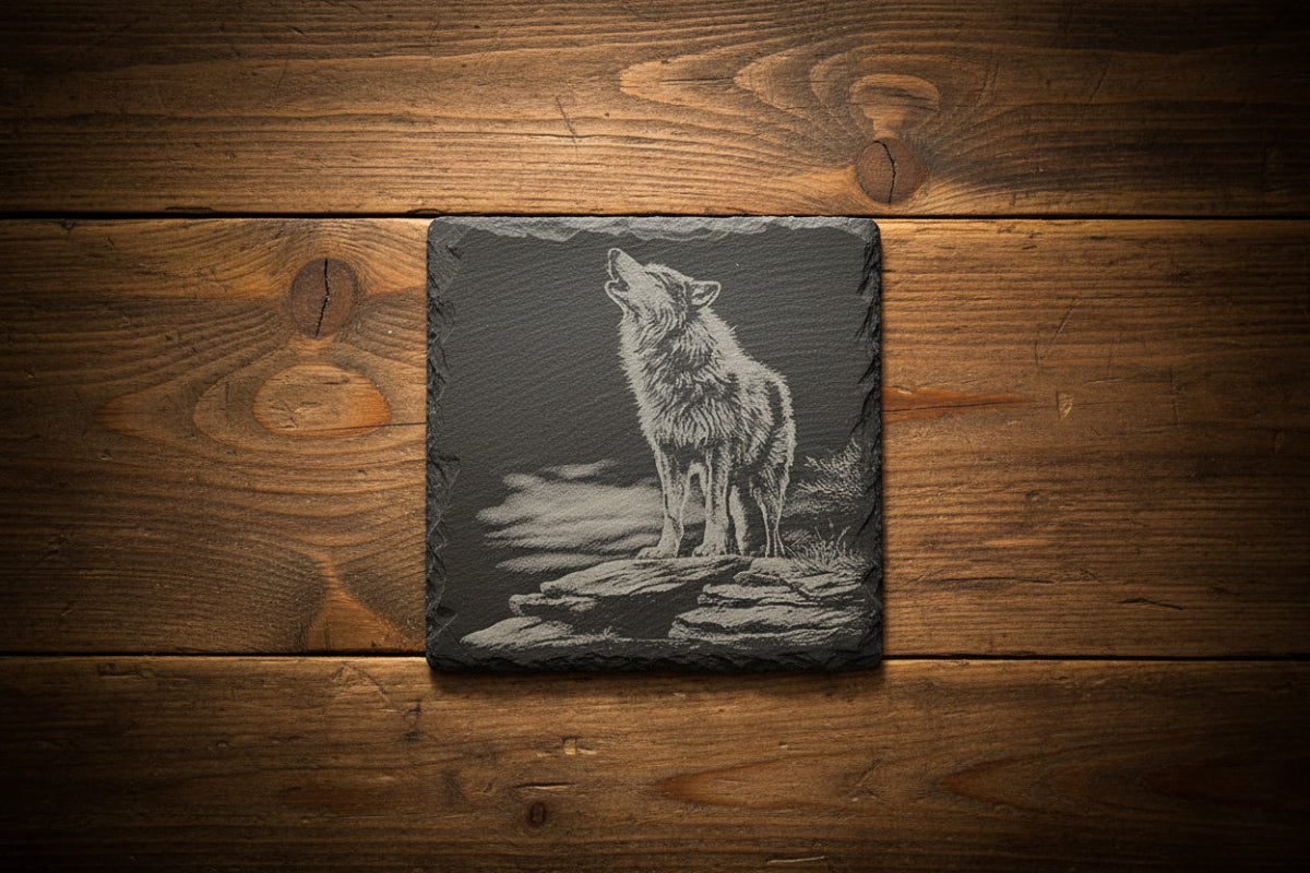 Schiefer Untersetzer mit Wolf Gravur – Lasergraviert – Rustikale Bar Deko