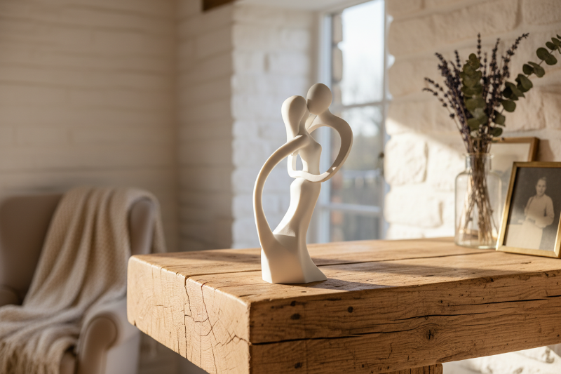 Abstrakte Liebesskulptur Diese außergewöhnliche Designskulptur verkörpert Nähe, Vertrauen und zeitlose Eleganz. Zwei abstrakte Figuren verschmelzen in einer fließenden Umarmung, gehalten von harmonischen Linien und einer offenen Form, die Raum für Interpretation lässt. 